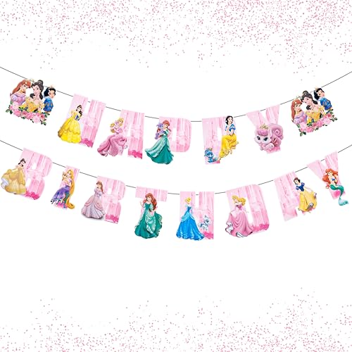 Princess Theme Birthday Banner Colorful Princess Character Party Decoration Banner For Girls Birthday Party Kids Party Supplies Birthday Hanging Toppers (Pink)