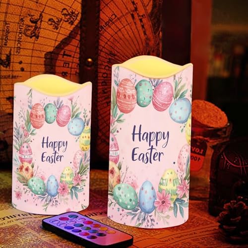 Image of Easter Egg and Floral Plastic Flameless Candles with Remote Control and Timer LED Flickering Battery Electric Pillar Candles for Table Easter Decoration