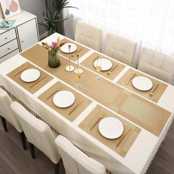 Image of Anugrah Dining Mats Table Mats PVC Placemats Heat-Resistant Placemat for Dining Tea Table Woven Vinyl Stain Resistant Table Mats Easy to Clean - 45x30 cm (Gold, 6)