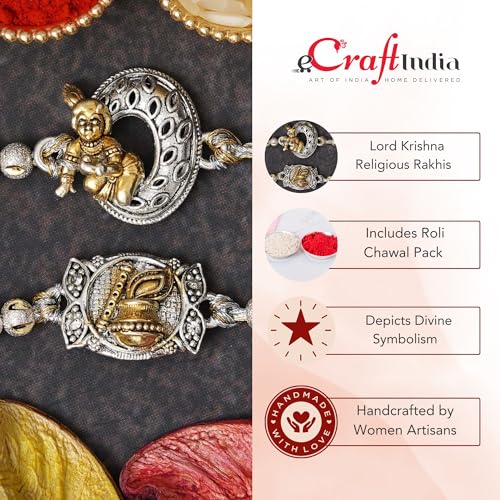 Image of eCraftIndia Set of 2 Evil Eye Designer Rakhis for Brother with Roli Chawal Pack | Raksha Bandhan Rakhi