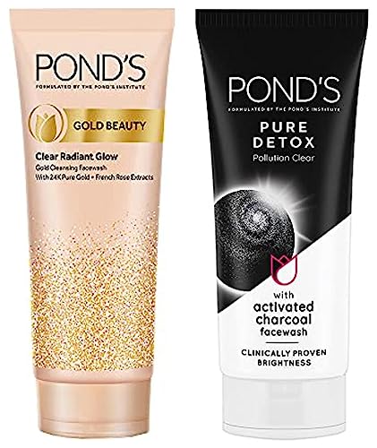 Image of POND'S Gold Beauty Gold Cleansing Face Wash, 24K Pure Gold, French Rose Extracts, Clear Radiant Glow, Removes Dullness, Illuminated Glow, 100 g & POND'S Pure Detox Face Wash 100 g