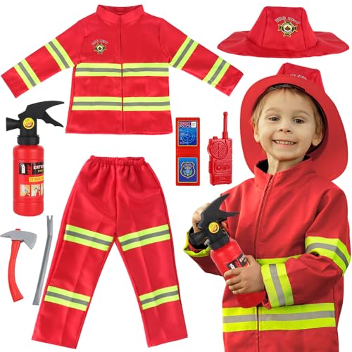 HIULLEN Feuerwehrmann Kostüm Kinder, 8 Teiliges Feuerwehr Rollenspiel Set mit