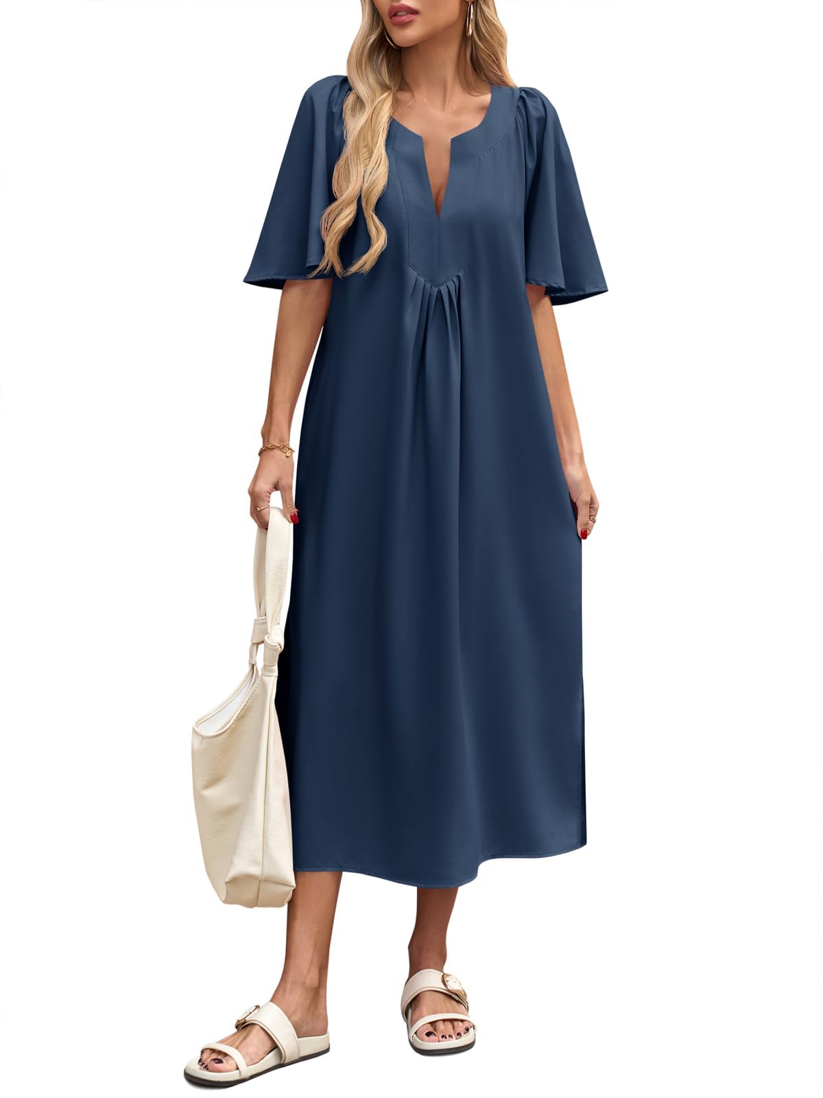 Wenrine Womens Casual Maxi Dress Short Sleeve Loose Flowy Summer Dresses