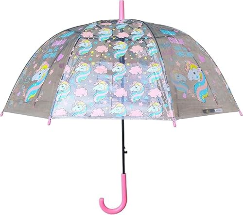 Guarda Chuva Infantil com Estampa de Unicórnio Transparente Curvado e com Abertura Automática