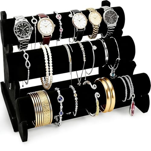 Barelove Velvet Bracelet Holder with 3 Tier Rack, Black T-Bar Storage Organizer Detachable Display Stand for Necklace Watch Bangles Bracelets Scrunchies Organization Showcase