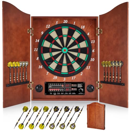 Yirinatek Diana Electronica, Dardos Diana Electronica [12 Dardos de Bronce][Modo de Juego Cricket], Diana Electronica Profesional, Puertas de Gabinete de Madera [Albaricoque]