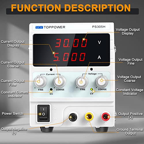 Image of DC Power Supply,0-30V 0-5A Adjustable Lab Bench Power Supply | Regulated PSU 4-Digit Display,CC CV,for Testing,Repairing Phones,Computers,Car Parts,Powering Lamps,Charging Batteries PS305H