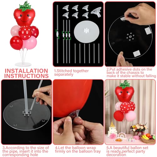 Image of 2 Sets Strawberry Party Balloons Stand Kit with Red and Pink Dot Foil Balloons Sweet Strawberry 1st Party Balloon Centerpiece for Tables for Girls Strawberries Birthday Themed Decorations