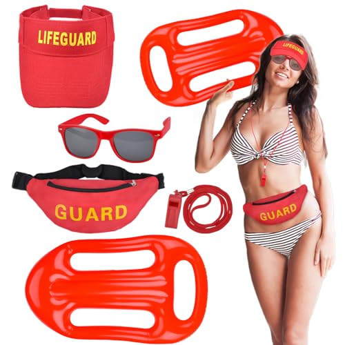 5 PièCes Kit D'Accessoires de Nageur Sauveteur, Chapeau RéGlable/Sifflet/Lunettes de Soleil/Accessoires de Nageur Gonflable/Sac Banane, Deguisement de Nageur...