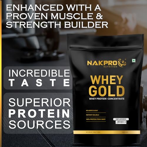Image of NAKPRO Gold 100% Clean Raw Whey Protein Concentrate, 500g Unflavoured | 28g Protein | Trustified Certified & No Adulteration | Fast Absorbing Whey Protein Powder