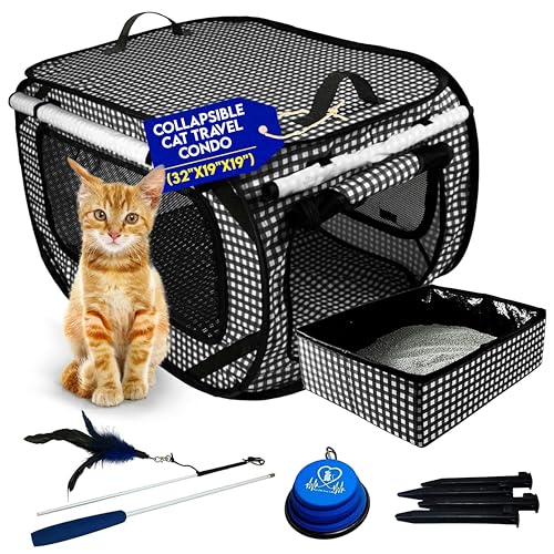 Image of Pet Fit For Life Extra Large Cat Carrier for Travel - Foldable & Portable Collapsible Kennel with Litter Box, Feather Toy & Water /Food Bowl - Ideal for Cars, Long Trips & Indoor Cats - Black Checkers
