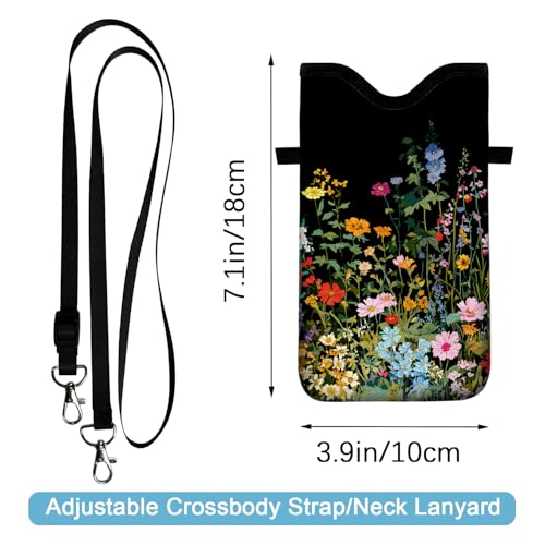 Image of Neoprene Cell Phone Sleeve Pouch Case Bag with Crossbody Strap Neck Lanyard for Women 7.1 X 3.9 in Flowers Plants