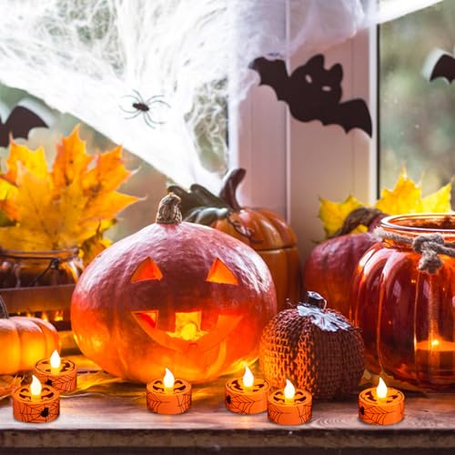 Image of GenSwin Pumpkin Spiderweb Halloween Flameless Candle Battery Operated Timer | Battery Included, LED Tealight Candles for Home Halloween Decoration Gifts, 12 Pack