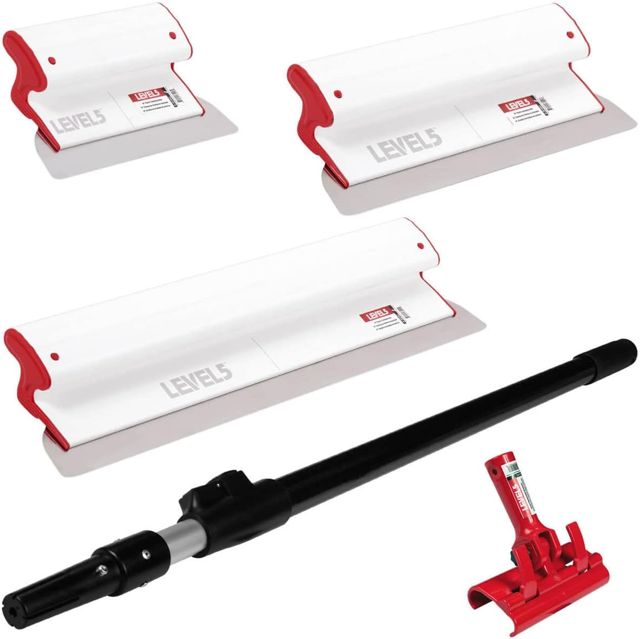 LEVEL5 Drywall Composite Skimming Blade Set | 10, 16 & 24 Inch Skimming Blades, 37-63 Inch Extension Handle | Composite Body & Stainless Steel Blade | For Smoothing Walls and Ceilings | 5-440C