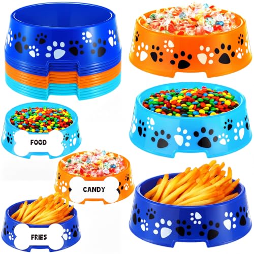 CroBlissful 12 Set Dog Paw Plastic Bowls Blue Dog Birthday Party Supplies Colorful Food Trays with Bone Cards Food Plates Paw Centerpieces for Pet Puppy Party Decorations (Blue and Orange)