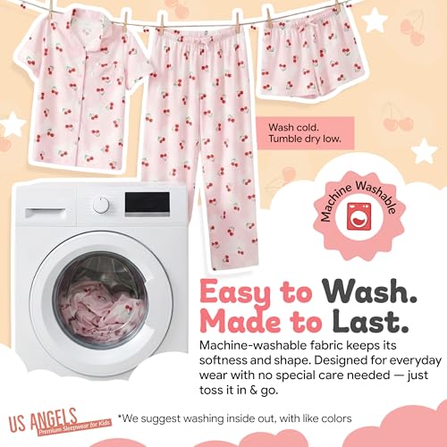 Image of US Angels Girls Pajama Set 3 Piece, Short Sleeve Button Down PJs with Shorts & Pants, Soft Sleepwear Girls & Tweens Size 5-16