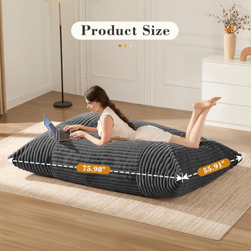 Image of 3-in-1 Giant Bean Bag Chair for Adults & Kids, Convertible Floor Sofa to Mattress, Memory Foam Beanbag Chair with Washable Cover, Multi Functional Lounge Couch for Bedroom, Living Room (Dark Grey)