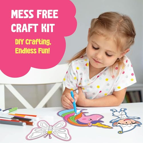 Image of SparkLPlay DIY Craft Kit for Kids Coloring Set with 6 Fridge Magnet Cutouts, 10 Color Pens. Mess Free. Gift for Kids. (Unicorn Princess)