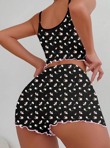 Image of Hilinker Womens Graphic Print Ribbed PJ Set Crop Cami Tops and Shorts Cute Pajamas Set