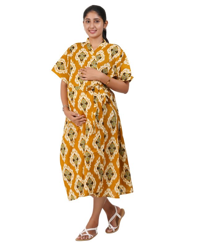 Image of MENMAII Cotton Feeding Robe for Women | Soft Breathable Maternity & Nursing Wear | Front Open Easy Feeding Access | Comfortable Nightwear for New Moms|Calf Length [Size: L,XL,XXL,3XL /FS]