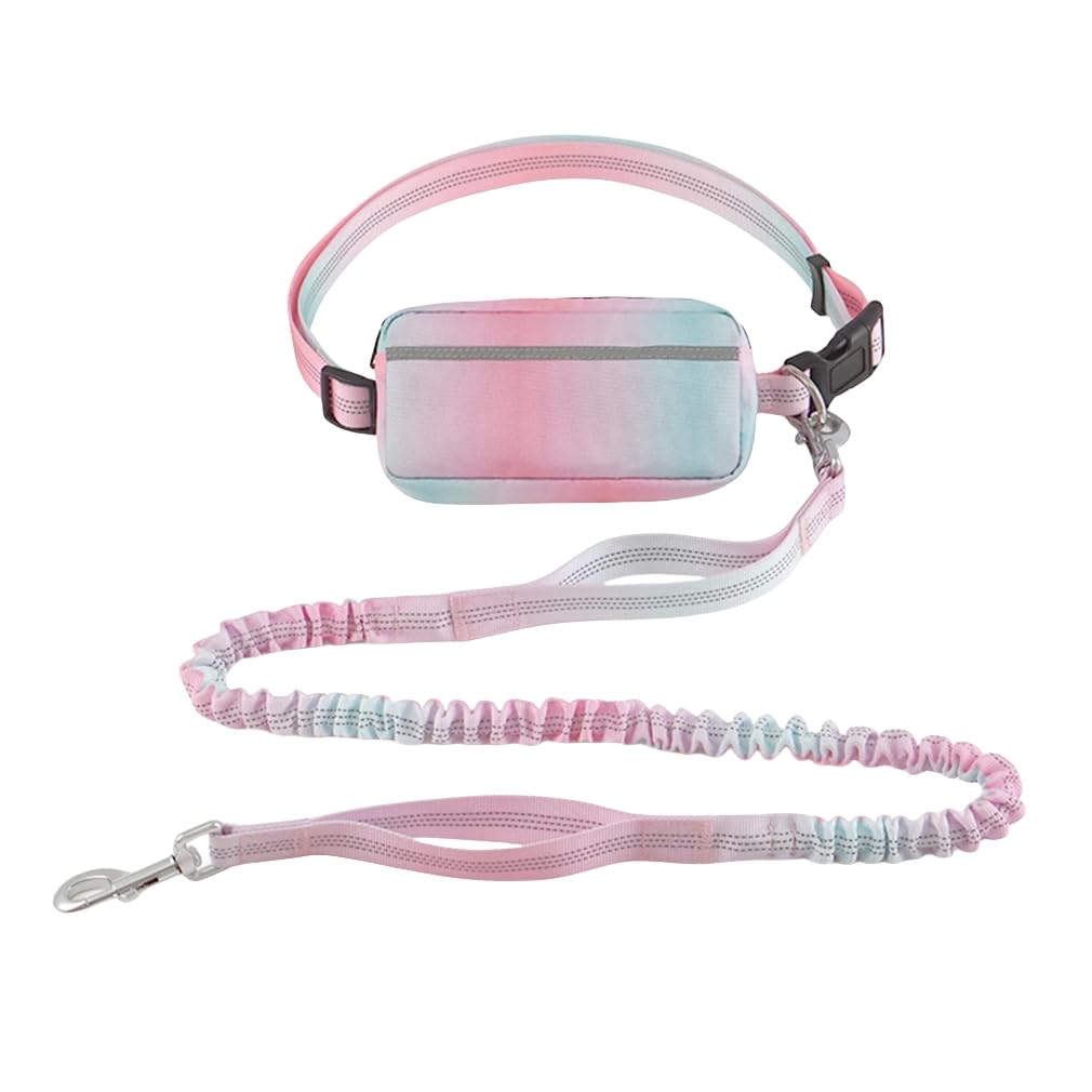 MyGiGi Hands Free Dog Leash with Zipper Pouch, Dual Handles and Durable Reflective Bungee for Walking, Jogging and Running Medium Large Dog (Pink+Cyan