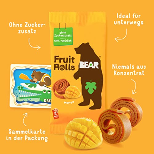BEAR Fruchtrollen Mango | 100% Natürliche Inhaltsstoffe | Ohne Zusatz von Zucker | Gesunder Snack für Kinder & Erwachsene | 18 Beutel x 20g | 360g