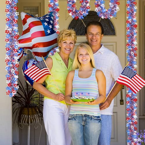 Image of 50FT 4th of July Patriotic Tinsel Garland, Glitter Tinsel Garlands with Cut Out Designs Star, Metallic Holiday Hanging Streamers for Memorial Day Independence Day Indoor Outdoor Party Decor