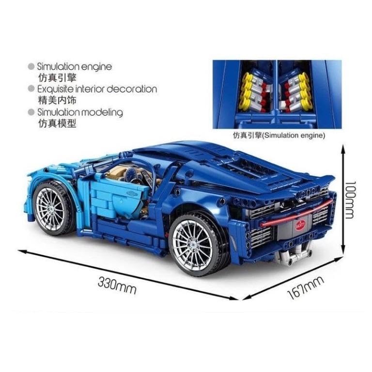 ക്ലോസ് അപ്പ് views of the Sembo Block car's movable parts: adjustable tail, detailed interior, opening hood, and opening doors.