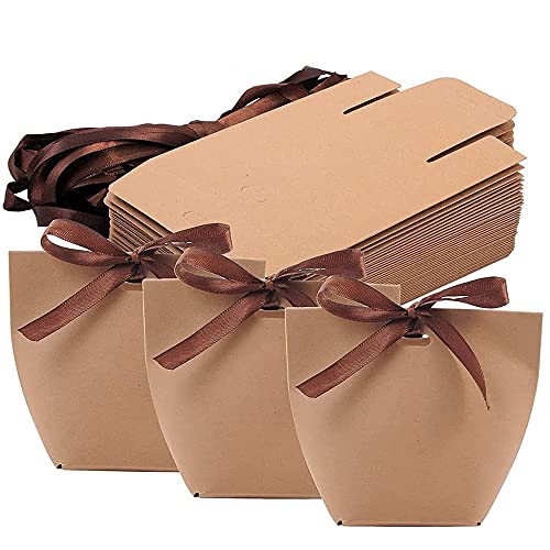 50 Piezas Cajas de Dulces de Papel Kraft, Bolsa de Regalo de Papel con Cinta Dorada, Bolsa de Regalo con Cinta de Papel Kraft, para de San Valentín, Navidad, Decoraciones para Fiestas (Marrón B)