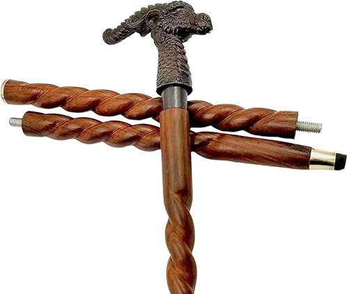 Miniatura 6 de Bastón victoriano de madera marrón con cabeza de dragón de estilo antiguo, latón macizo, estilo náutico, bastón de madera