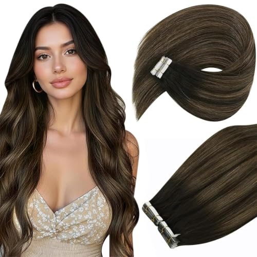 Image of Ve Sunny Hair Tape in Hair Extensions Human Hair 24Inch Long | Darkest Brown with Medium Brown Balayage,50g 20Pcs,Smooth Soft,for Daily Use