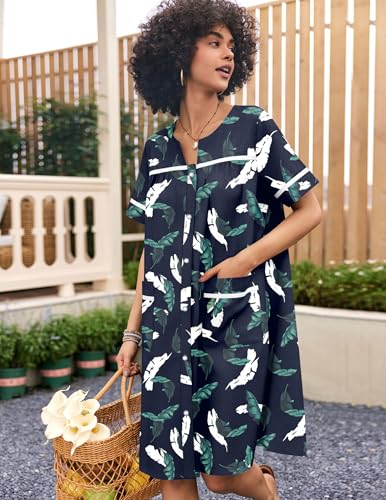Image of Ekouaer Nightgowns for Women House Dress with Pockets Snap Front House Coat Short Sleeve Duster Moo Moos Sleepwear S-3XL