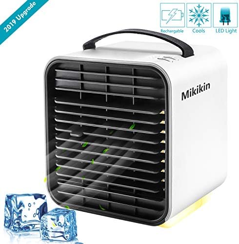 Mikikin Portable Air Conditioner Cooler Fan, Personal Space Air Cooler, Humidifier, Evaporative Cooler, USB Rechargeable Mini Cooling Desktop Fan with LED Light, 3 Speeds