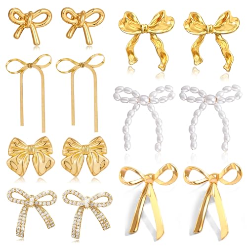 Gold Bow Earrings for Women Classic Ribbon Bow Stud Earring Set