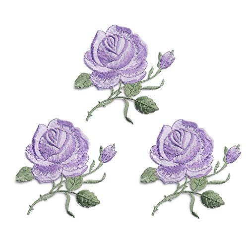 3 Pack Delicate Embroidered Patches, Colorful Rose Embroidery Patches, Iron On Patches, Flower Patches,Sew On Applique Patch, Custom Backpack Patches for Women, Girls, Kids (Purple)