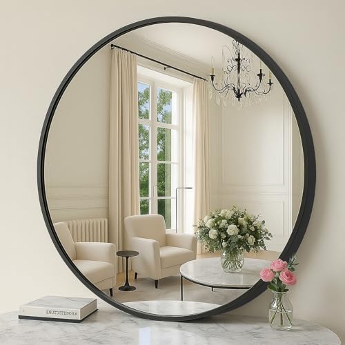 SONGMICS Round Mirror 61 cm Bathroom Mirror for Wall Metal Frame Modern Wall Mirror for Bathroom Living Room Bedroom Entryway Hallway Ink Black LWM102BD03