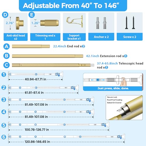 Image of AIZESI 41-144 Inch Heavy Duty Gold Tension Curtain Rod - No Drilling, Adjustable, Rust-Proof for Outdoor, Living Room, Bathroom
