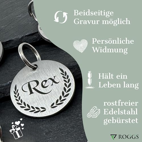 ROGGS Hundemarke mit Gravur – personalisierte Hundemarken Edelstahl rund – Dog Tag Namensschild Hund für Halsband, Adressanhänger beidseitig inkl. QR Code für Hunde, Katzen, Welpen (25mm)