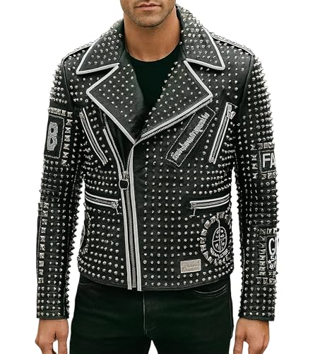 Men’s Brando Biker Rock Punk Studded Spike Black Motorcycle Cowhide Leather Jacket