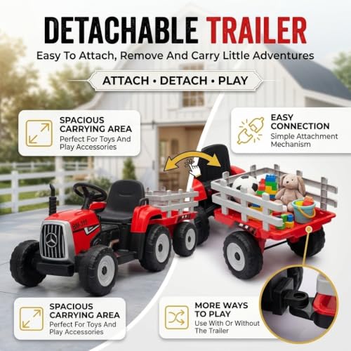 Image of WISHMASTER Kids Electric Ride-On Tractor 12V Battery Operated with Detachable Trailer, Parent Remote Control, Music, USB, LED Lights Toys for Boys & Girls 3-8 Years