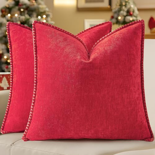 Image of decorUhome Soft Chenille Throw Pillow Covers 18x18 Set of 2 Christmas Red