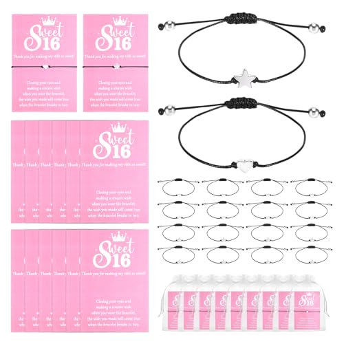 25 Sets Sweet 16 Party Favors for Guests, 25 Pcs Adjustable Star Heart Charm Wish Bracelets with Thank You Cards Organza Bags, Sweet 16 Gifts for Birthday Party Supplies Decor