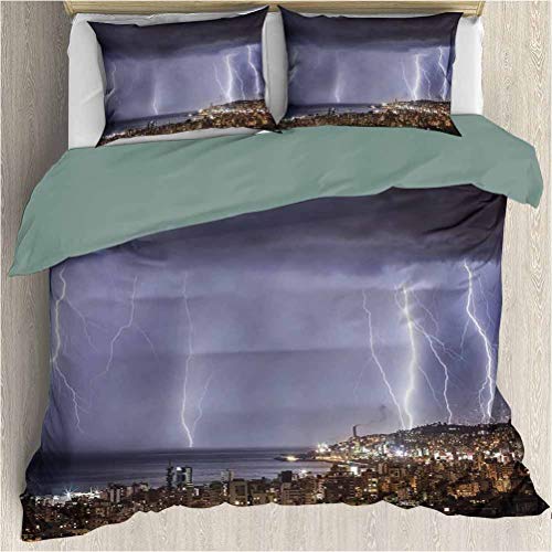 Bedding Printed Comforter Set - Nature Majestic View on Coastal Town in Dark