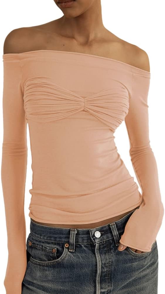 Women Sexy Sheer Mesh Off Shoulder Tee Shirt Top Long Sleeve See Through Ruched Slim Fit T-Shirt