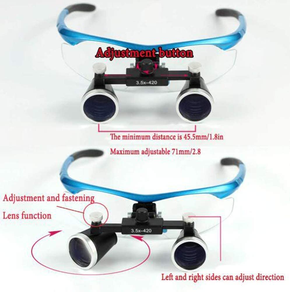 Lupa, lupa de cirugía de 3,5 x 420mm, lupa binocular, diadema manos libres, con faros LED, con conveniente bolsa de transporte, para aficiones, electricistas, joyería, azul