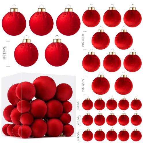 Velvet Christmas Ball Ornaments - 30pcs Flocked Christmas Ornaments Set Shatterproof Classic Hanging Xmas Tree Decorations with Rope for Wreath Holiday Home Decor (Red) - image 2