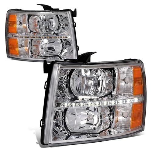 Auto Dynasty LED DRL Headlights Assembly Compatible with 2007-2014 Chevy Silverado 1500 2500 3500 HD, Driver Passenger Side Halogen Headlamps w/LED Running Light Strip, Chrome Housing Amber Corner