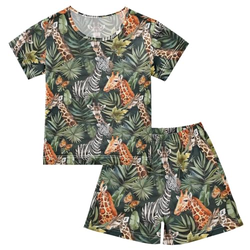 ALAZA Tropical Giraffe Butterfly Zebra Pajamas Short Sleeve 2 Piece Sleepwear Top and Bottom Pajama Set Unisex