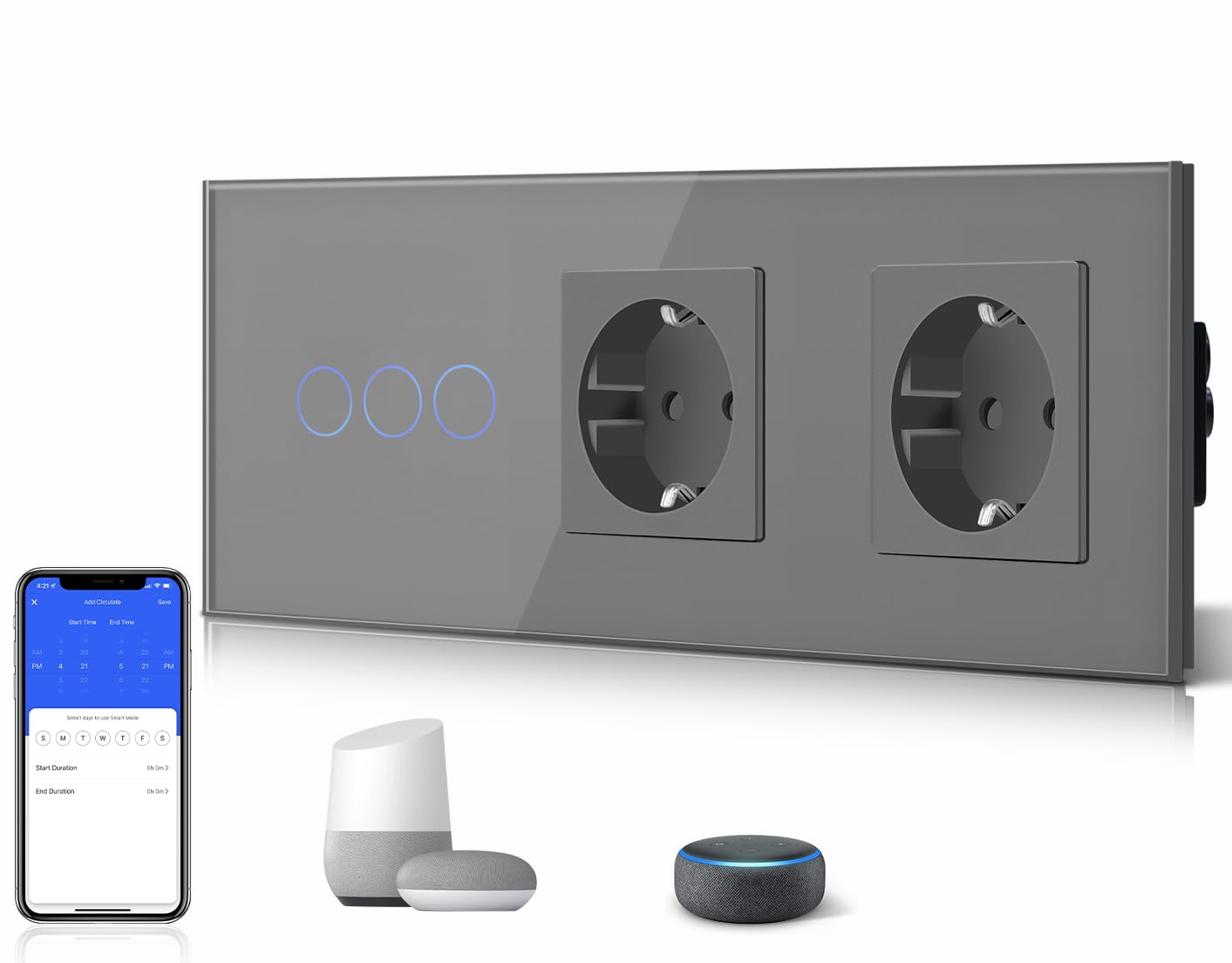 BSEED BSEED 3 Gang 1 Vía Interruptor de Luz Táctil Inteligente WIFI con Doble Schuko Enchufe Estándar, Compatible con Alexa/Tuya/Smart Life (Requiere Cable Neutro) Gris