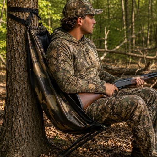 TopBoAoRAA 2026 Neo Low Down Hunting Chair Adjustable Tree Hammock Seat with 180 Swivel Portable Camo Camping Stool for Deer Turkey Lightweight Folding Tree Stand for Ground Shooting